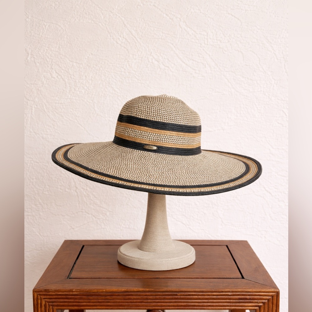 Scala Wide Brim Woven Sun Hat - Neutral Coastal Stripe - Resort Style